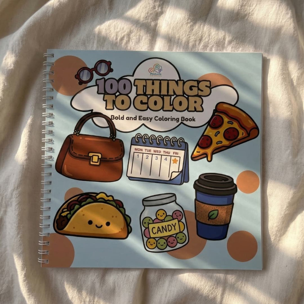 100 Things to Color bold and easy coloring book for adults featuring simple illustrations of everyday items like pizza and coffee for a quick stress-relief activity.