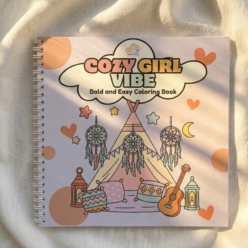 Cozy Girl Vibe bold and easy coloring book for adults featuring a relaxing teepee and dreamcatcher scene, perfect for a 10-minute digital intermission.