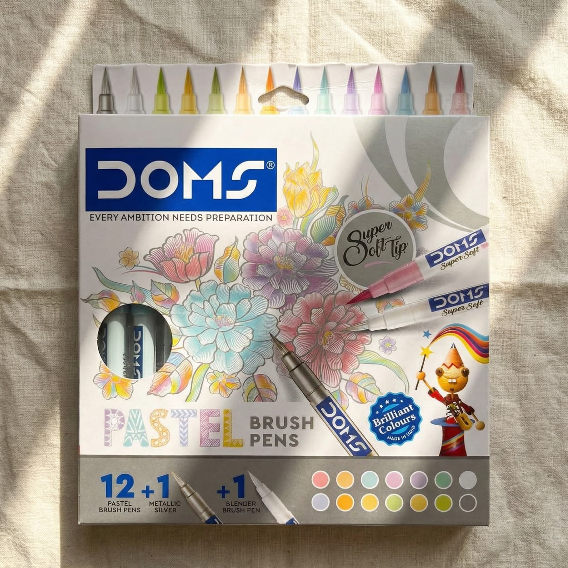 DOMS Super Soft Tip Pastel Shades Brush Pen Set | 12 Pastel Shades + 1 Silver Shade + 1 Blender