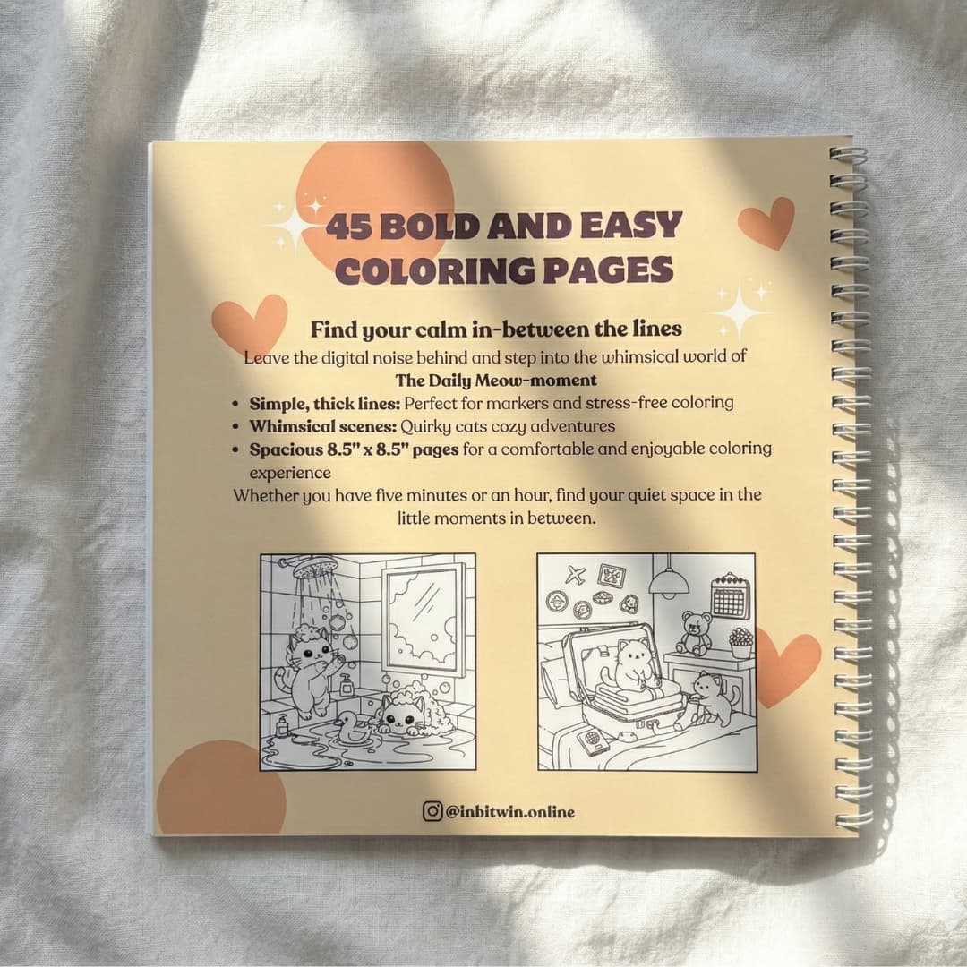 The Daily Meow-ment bold and easy coloring book for adults highlighting the features of the book.