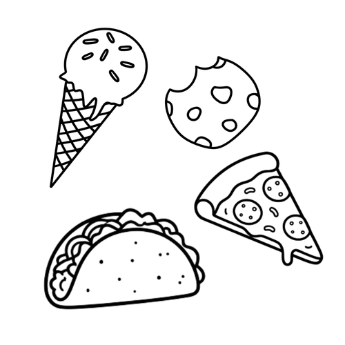 100 Things to Color bold and easy coloring book for adults featuring simple illustrations of everyday items like pizza and coffee for a quick stress-relief activity.